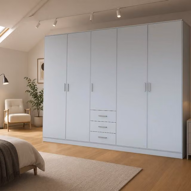 Venice Grey 5 Door Wardrobe with 3 Integrated Drawers and Internal Shelving