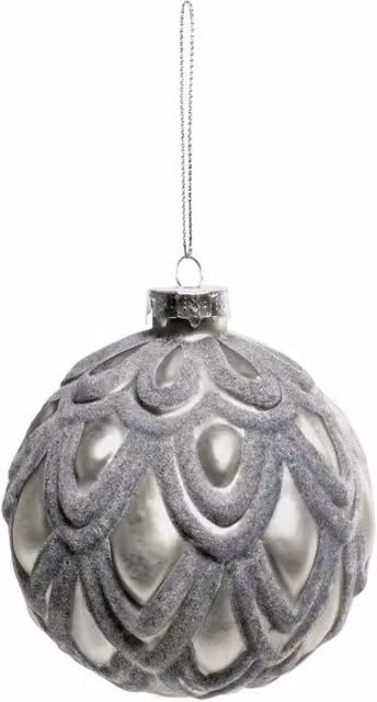 KDMD Silver Pewter Ruffled Velvet Glass Christmas Baubles, 2 Pack, Diameter: 10 cm