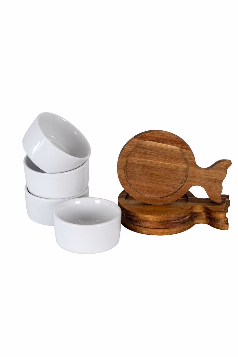 KDMD Set of 4 Brown Acacia Wood Fishtail Serving Trays with Ceramic Bowls – 2