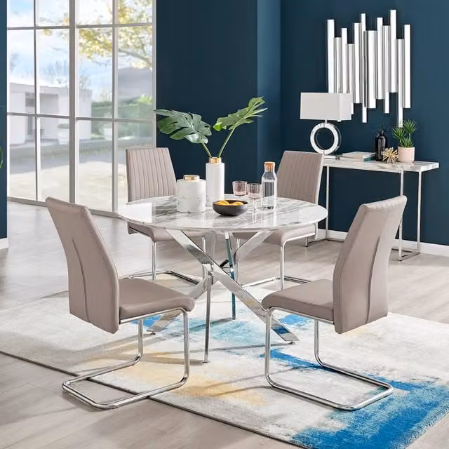 FurnitureboxUK Novara White Marble Effect Round Dining Table and 4 Lorenzo Chairs in Cappuccino, W: 120 cm