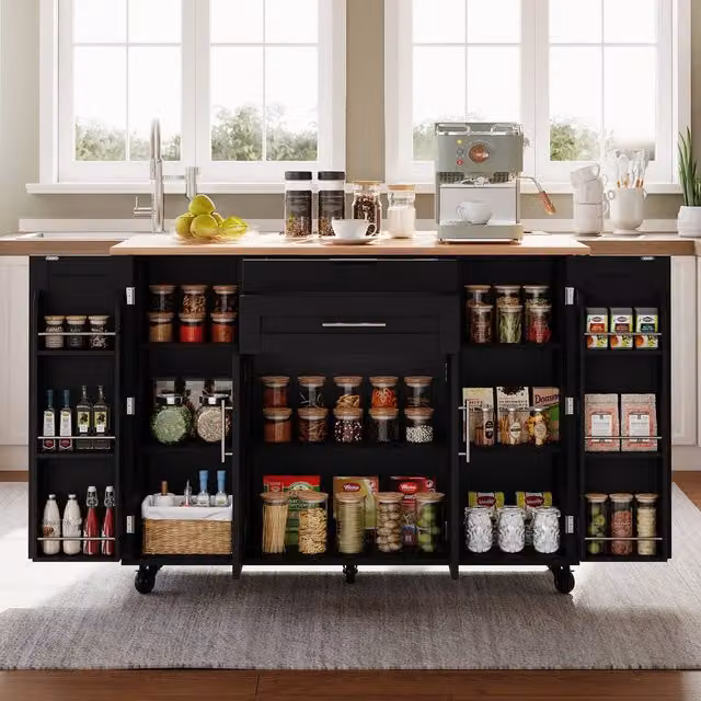 Merax Rolling Kitchen Island Trolley with Foldable Worktop in Black, W/D/H: 120 x 45 x 92 cm – 1