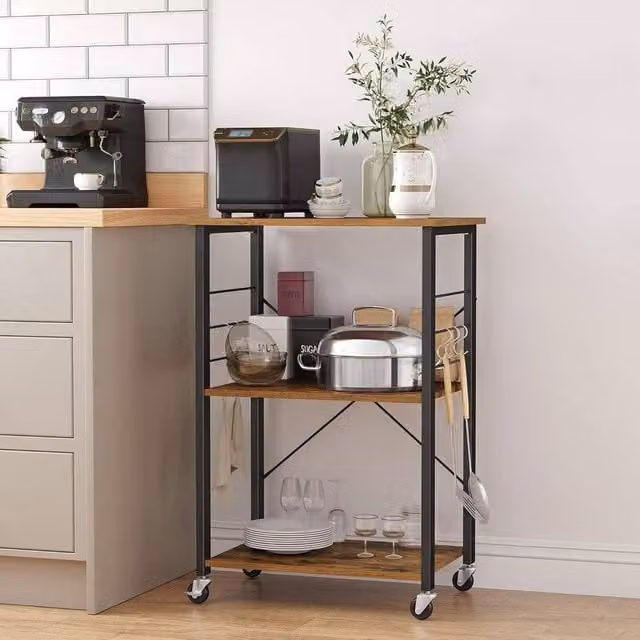 The Bazaarist 3 Tier Rolling Kitchen Cart with 6 Hooks in Brown and Black