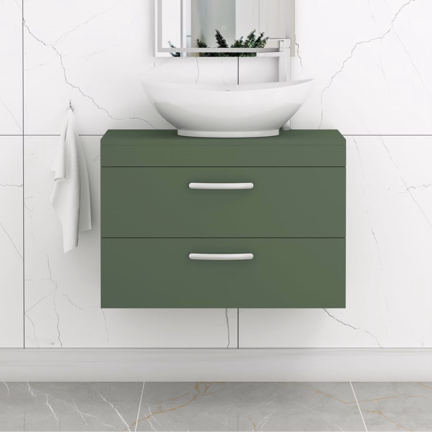 Royal Bathrooms Turin 600mm Wall Hung Vanity Unit with 2 Drawers and Countertop Basin in Matt Green with Matt Black Handles