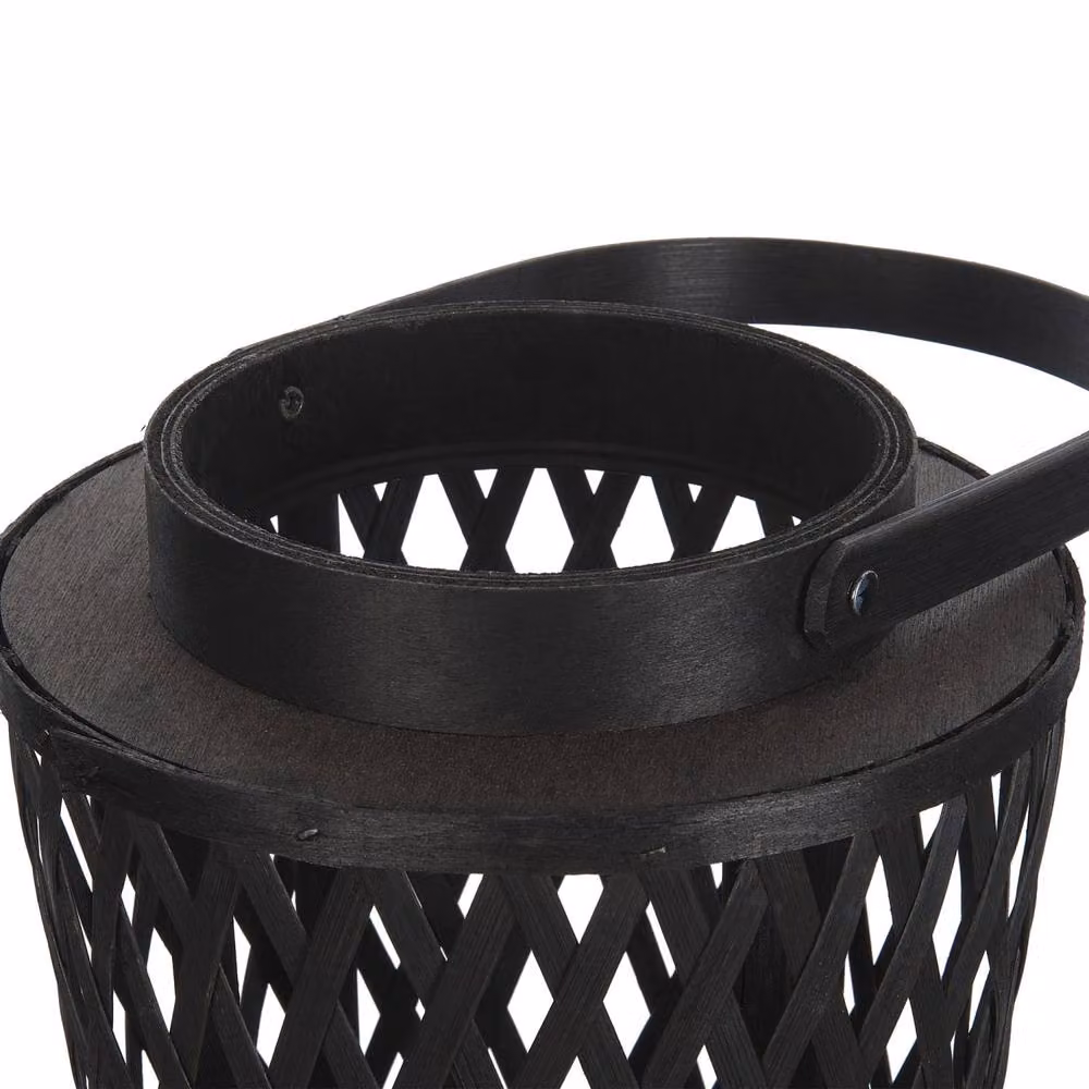 Wyld and Coco Boho Black Handwoven Bamboo and Glass Pillar Candle Lantern, Height: 38 cm – 3