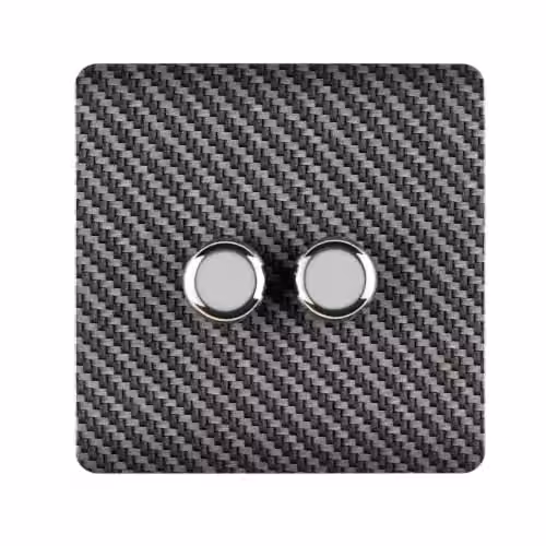 Trendi Switch 2 Gang 1 or 2 Way 150w Rotary LED Dimmer Modern Designer Light Switch in Carbon Fibre Black and Chrome – 2