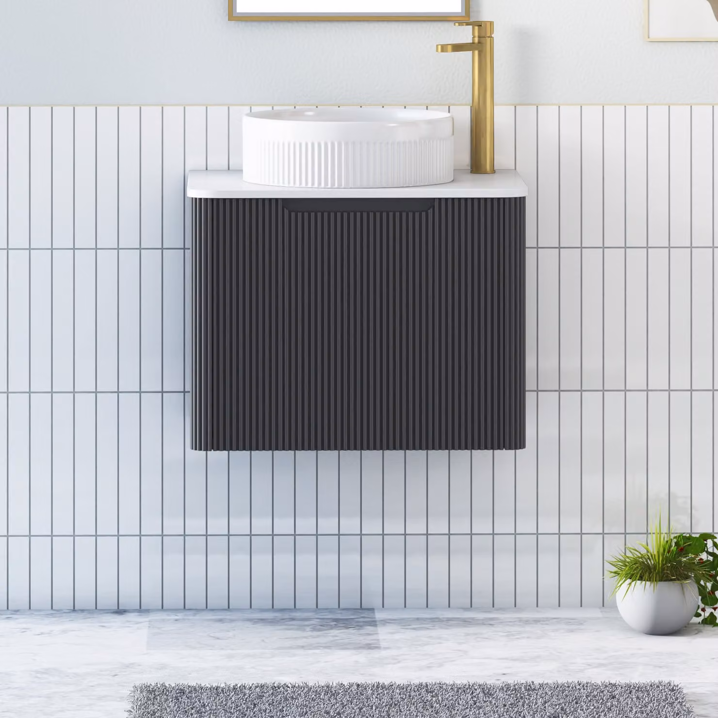 Royal Bathrooms Avenza Wall Hung Vanity Unit with 1 Drawer and Round Basin, Matt Obsidian Black and Plain White Worktop, Width: 60 cm