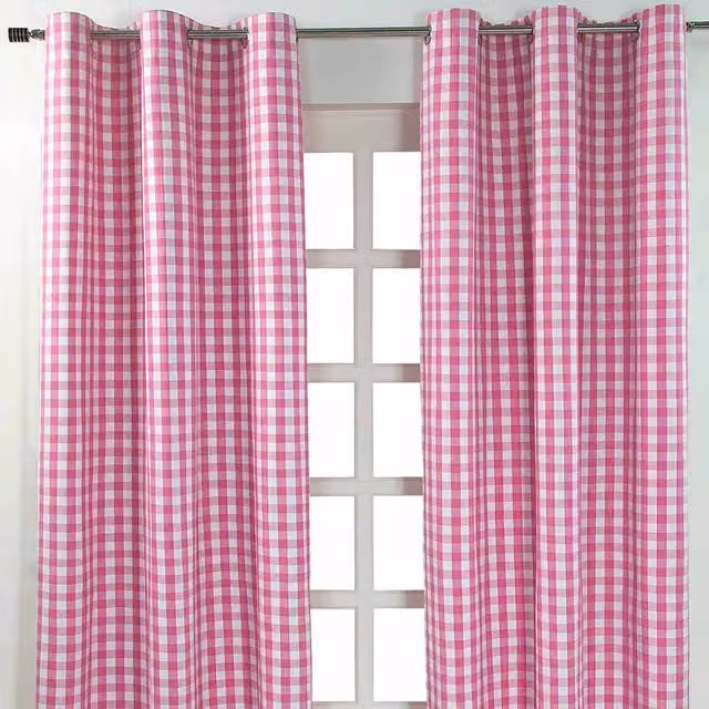 Homescapes Pink Cotton Block Check Gingham Eyelet Curtain Pair, Height: 228 cm, Width: 137 cm
