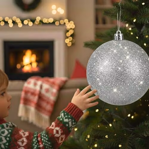 Shatchi Silver Glitter Christmas Bauble, 20 cm Round Hanging Ornament – 5