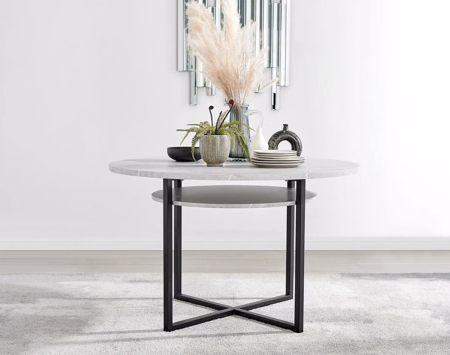 FurnitureboxUK Adley Grey Concrete Effect Round Dining Table and 4 Belgravia Black Velvet Chairs – 1