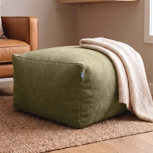 rucomfy Indoor Large Ottoman Pouffe - Plush Velvet Bean Bag Footstool in Pale Green, W/D/H: 60 x 60 x 36 cm