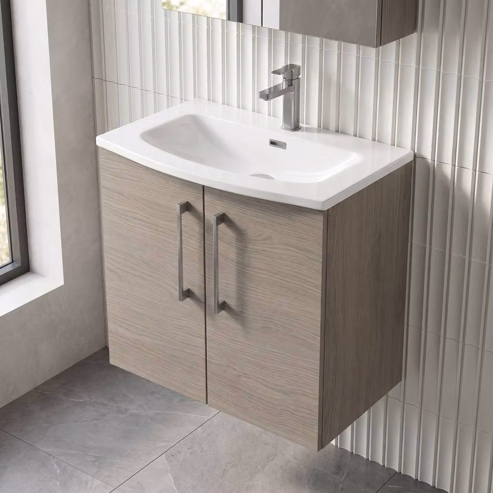 Balterley Modern Wall Hung 2-Door Bathroom Vanity Basin in Solace Oak Brown, Width: 60 cm – 2