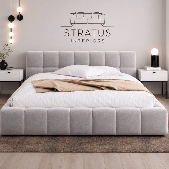Stratus Interiors Cubed Mini Ambassador Upholstered Bed Frame in Light Grey Velvet, W/D/H: 140 x 200 cm