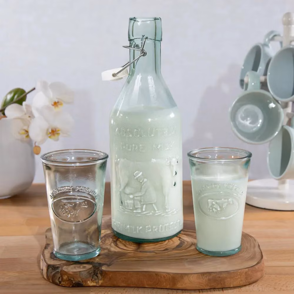 Verano Spanish Ceramics Recycled Glass Milk Bottle and Drinking Glass Tumbler Set, 1 l, Transparent – 2