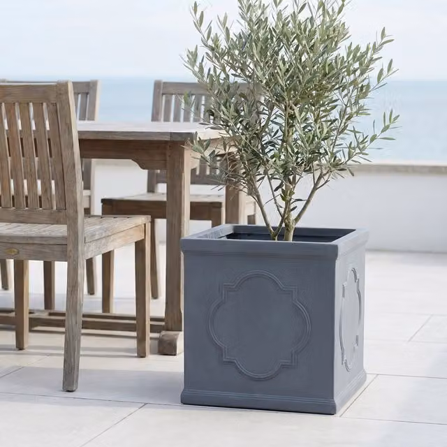 Idealist Grey Reinforced Stone Square Garden Planter, Faux Lead Outdoor Large Plant Pot