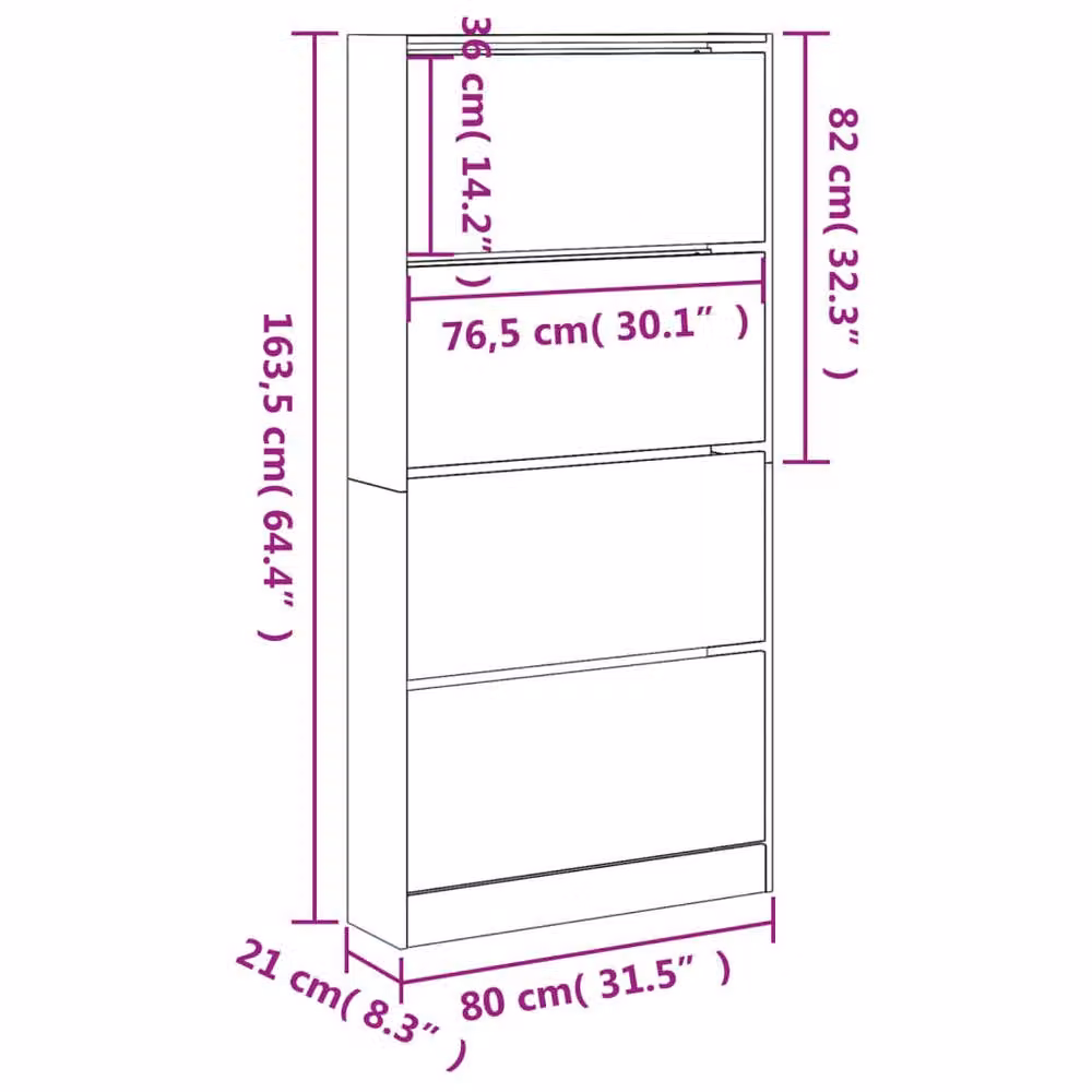 Berkfield Home Shoe Cabinet with 4 Tilting Compartments in Smoked Oak Brown, W/D/H: 80 x 21 x 163.5 cm – 3