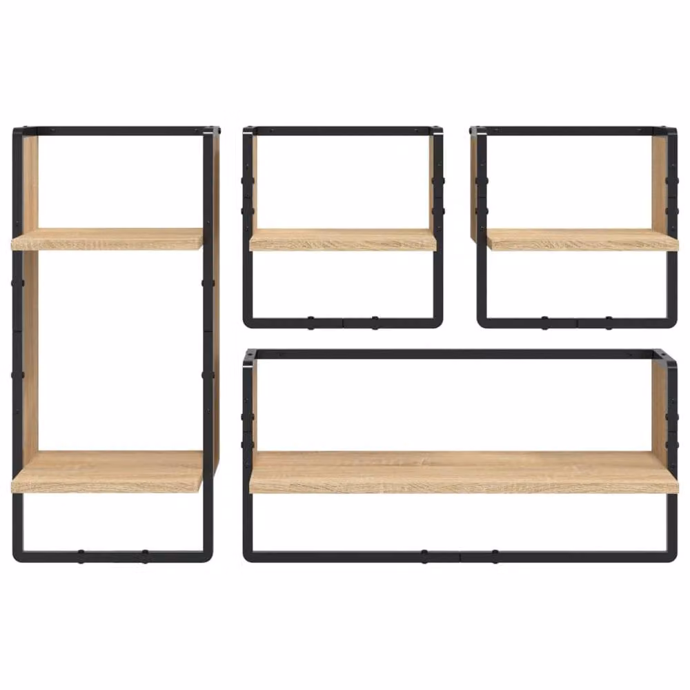 Berkfield Home 4 Piece Decorative Wall Shelf Set with Hanging Rods in Sonoma Oak and Light Brown – 3