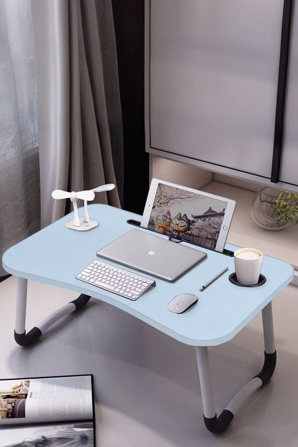 Living and Home Folding Laptop Bed Table with LED Light, Fan, 4 USB Ports, Tablet Slot and Cup Holder in Blue – 2