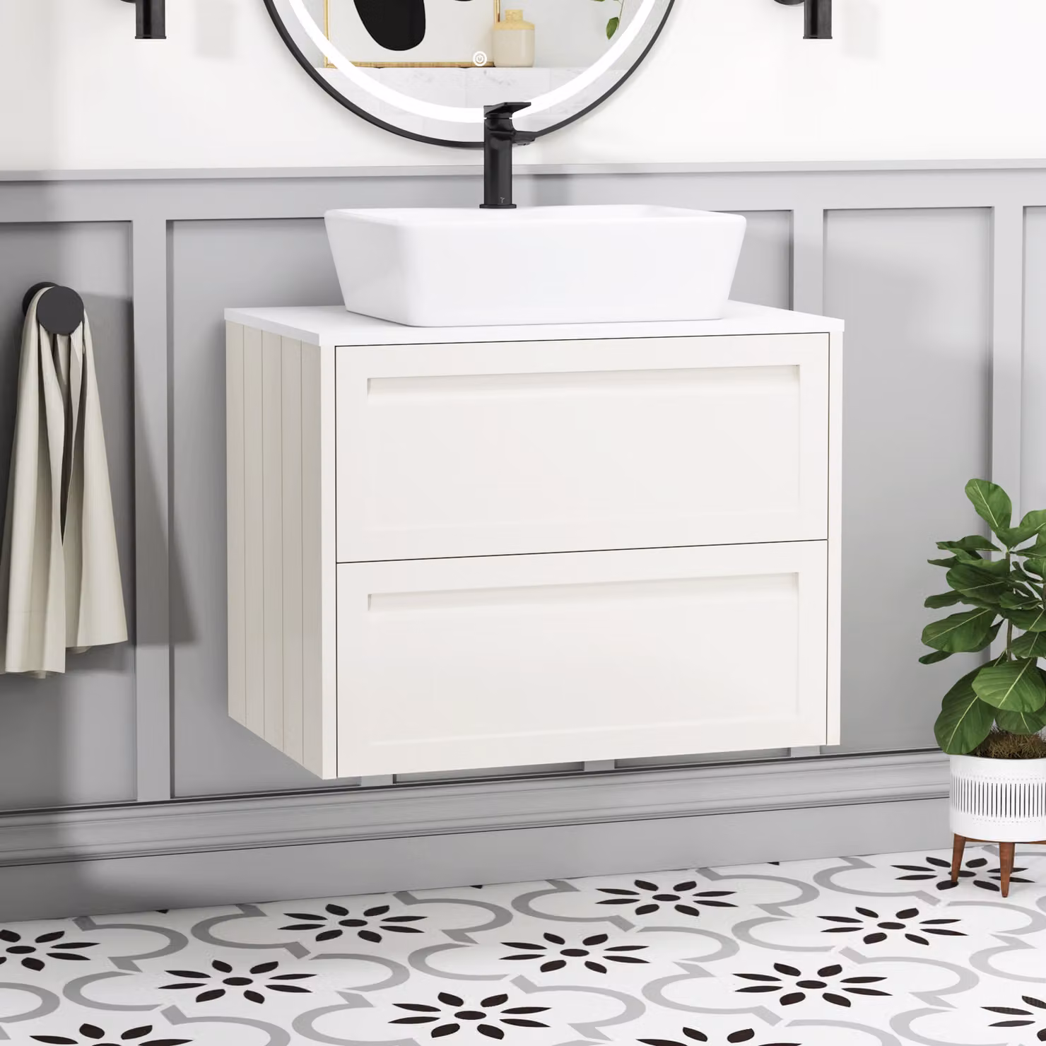 Royal Bathrooms Elmore Classic White Wall Hung Vanity Unit with 2 Drawers and Cube Basin, Width: 70 cm