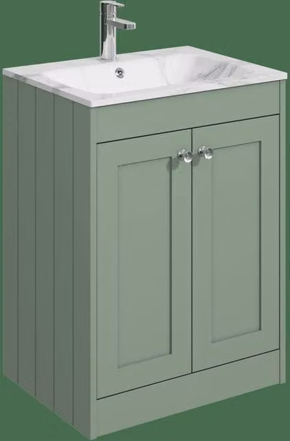 Balterley 600mm Floor Standing 2 Door Unit and Stone Basin with 1 Tap Hole, Satin Green