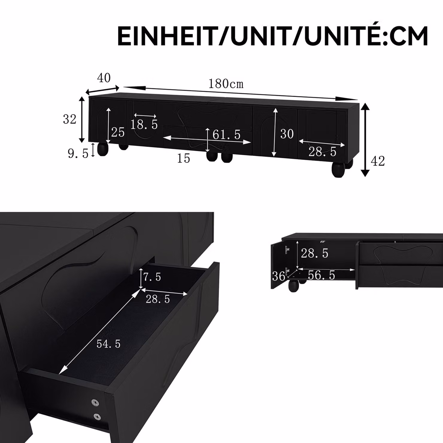 Aosom Minimalist Black TV Cabinet with Solid Wood Legs, Curved Doors, Drawers and Shelves, W: 180 cm, D: 40 cm, H: 42 cm – 3