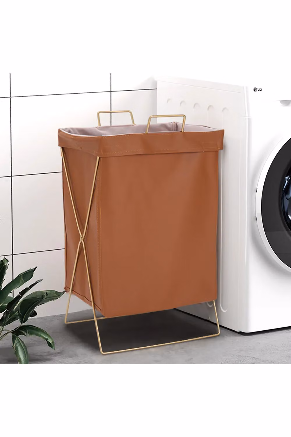 Living and Home Collapsible Waterproof PU Leather Laundry Hamper with Metal Frame, Brown – 2