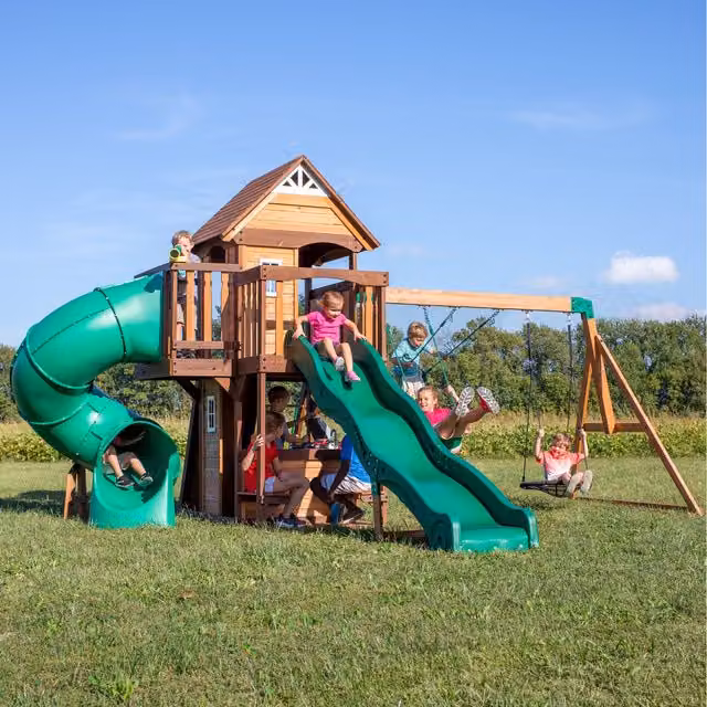 Backyard Discovery Cedar Cove Wooden Climbing Frame with Swings and Slides in Multicolour