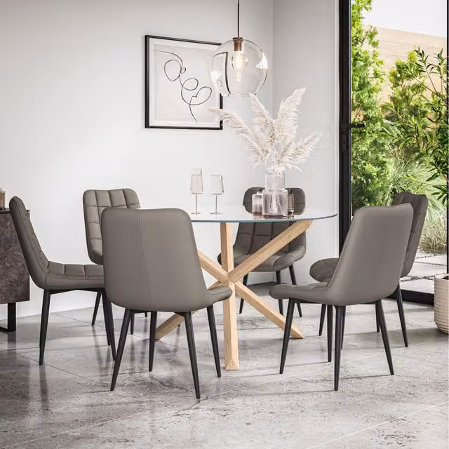 More4Homes Malvern Round Glass Dining Table Set with Oak Legs and 6 Grey Nova Faux Leather Chairs, Diameter: 120 cm, Height: 75 cm