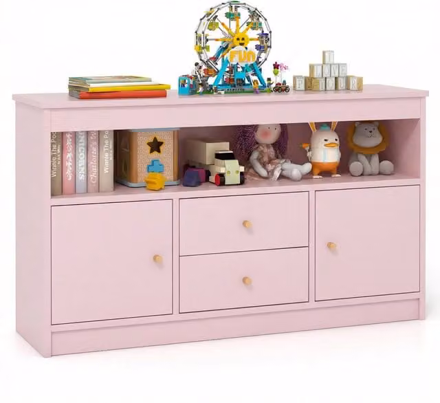 Costway Kids Bookshelf Toy Storage Organizer in Pink Wood