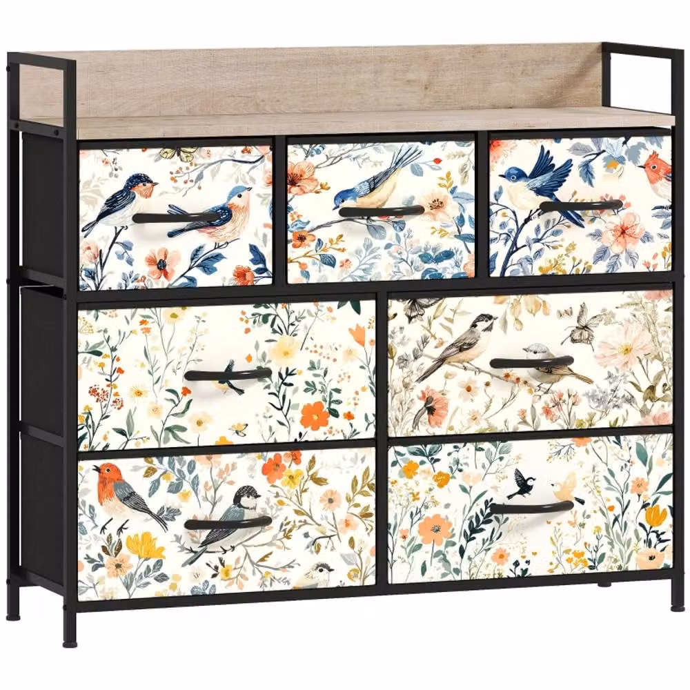 STILVORA 7-Drawer Chest of Drawers with Wood-Effect Top in Cream and Beige Floral Design – 4