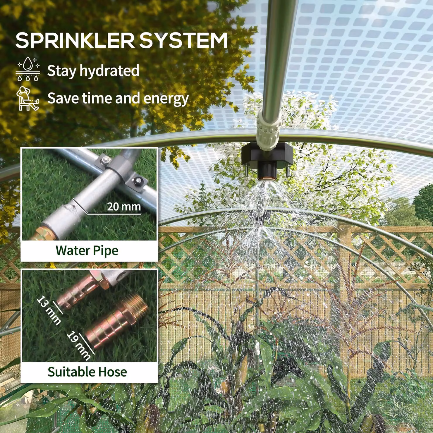 OUTSUNNY Polytunnel Greenhouse with Sprinkler System, Walk-in Garden Green House with Wide Roll-up Door and 6 Mesh Windows, Light Green, W: 600 cm, D: 298 cm, H: 198 cm – 2