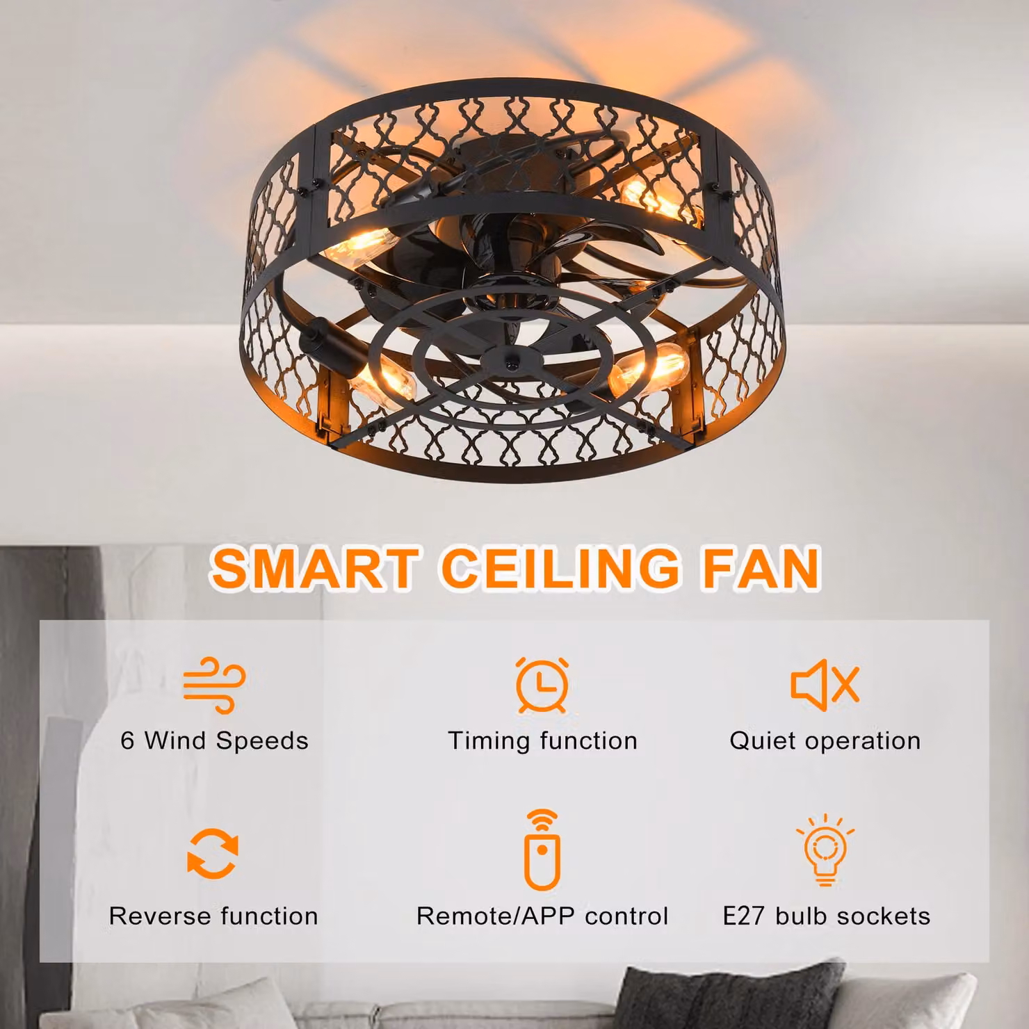 Garwarm Industrial Style Metal Caged Ceiling Fan with 4 Lights and Remote Control, Black, Diameter: 50 cm – 2