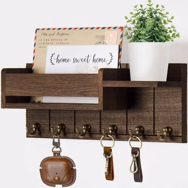 FLAVORA Brown Wood Wall Mounted Key and Letter Organiser Rack with Shelf and Hooks