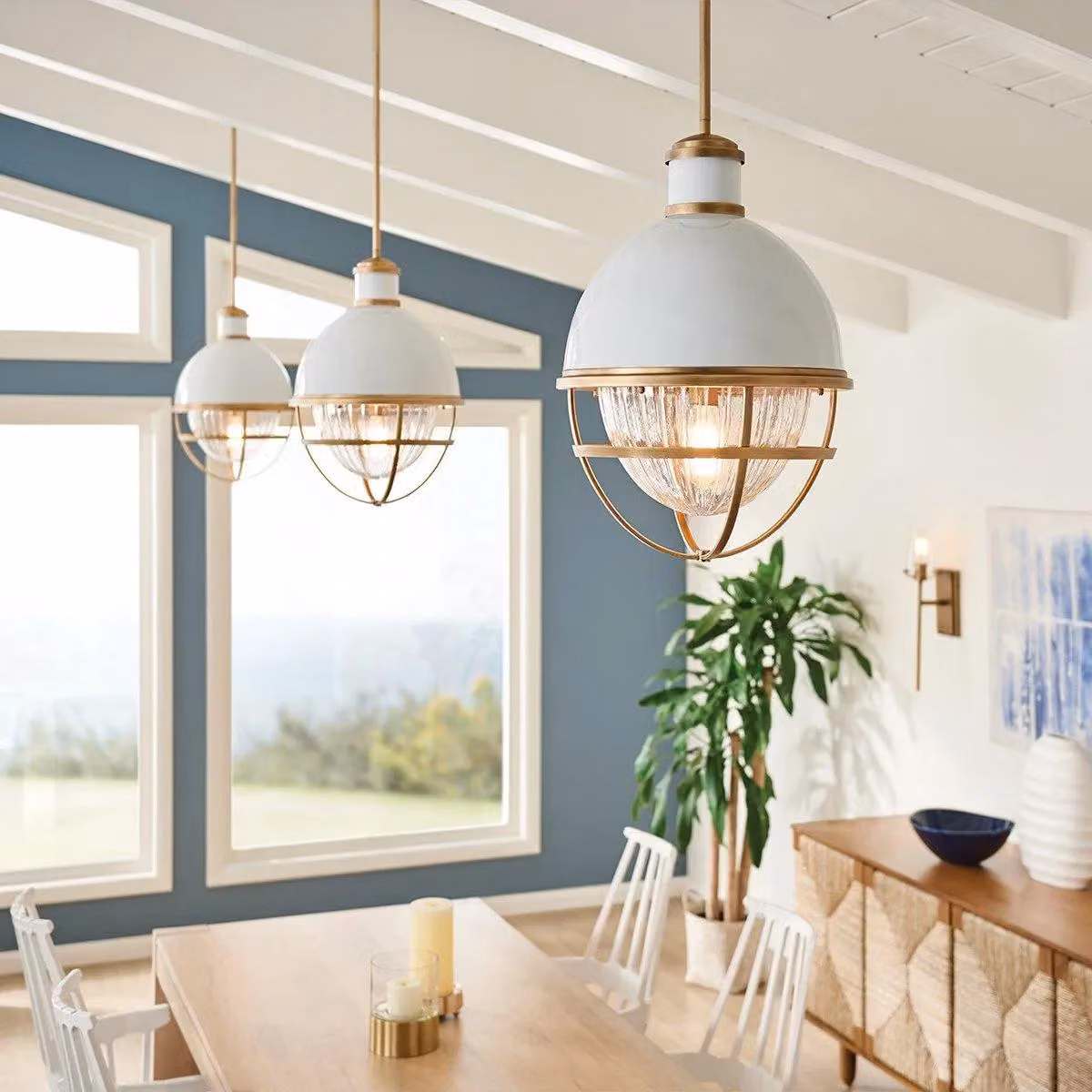 Kichler Tollis Globe Pendant Ceiling Light in Brass and White with Transparent Glass – 3