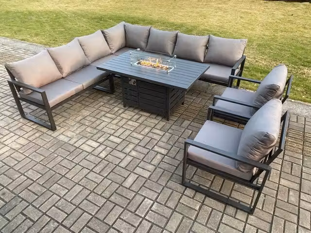 Fimous 8 Piece Aluminium Garden Furniture Set with Corner Sofa, 2 Chairs, Gas Fire Pit Dining Table and Cushions in Dark Grey
