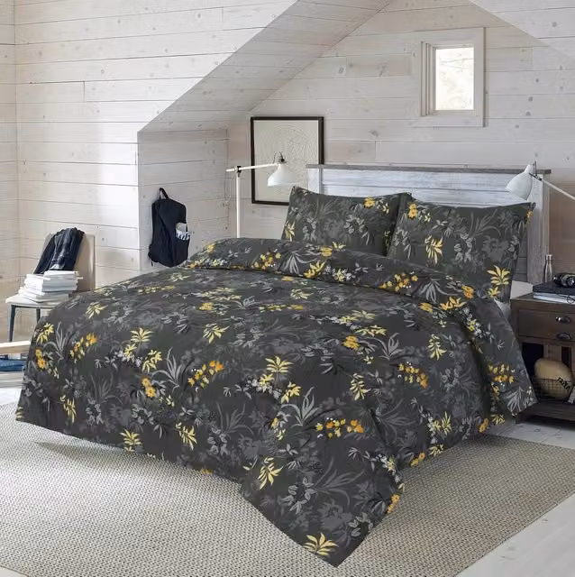 Homes-Linen Ziva Microfibre Bedding Set with Duvet Cover and Pillowcases, Anthracite and Yellow Floral Design, W: 180 cm x L: 200 cm