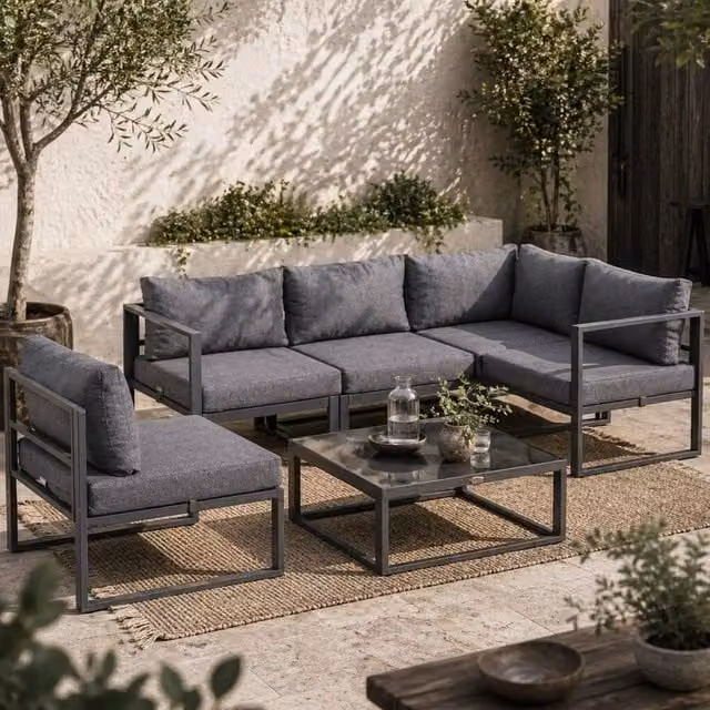 Wyld Haus Dokase 6 Piece Grey Modular Outdoor Sofa Set with Tempered Glass Coffee Table