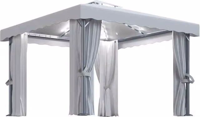 Berkfield Home Gazebo with Curtains and LED String Lights, Cream White and Beige, W/D: 3 x 3 m