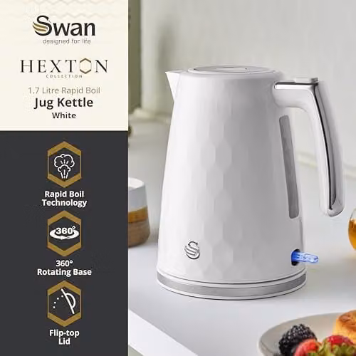 Swan Hexton 1.7l Electric Kettle, 3kW Rapid Boil, White with Limescale Filter – 2