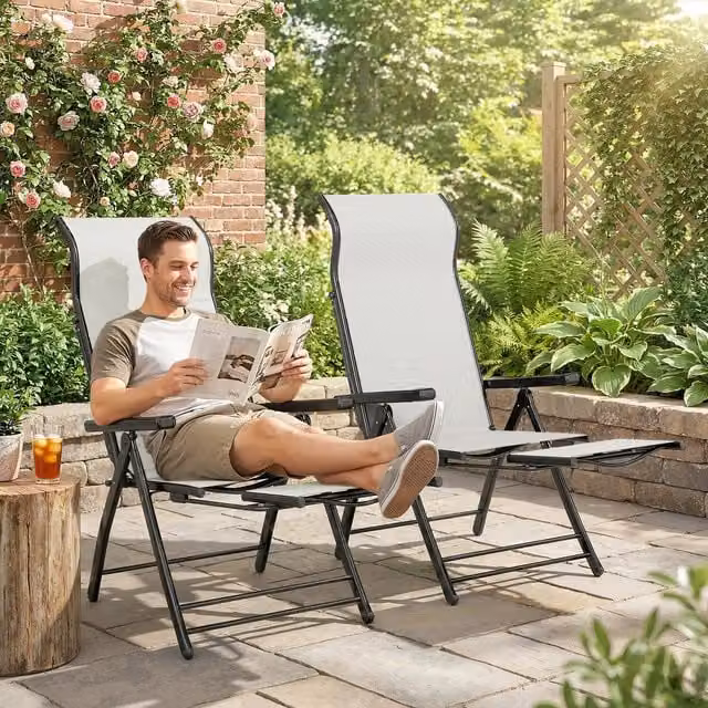 Outsunny Set of 2 Reclining Garden Chairs in Light Grey with Textilene Fabric and Powder Coated Steel Frame
