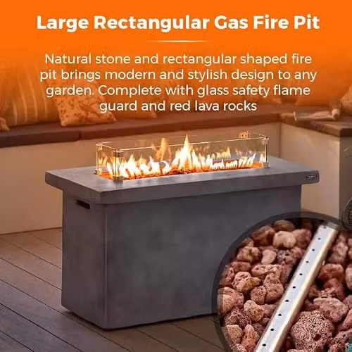 Tower Large Magna Rectangular Gas Fire Pit Fire Table, Magnesium Oxide, Grey, W: 108.5 cm, D: 60 cm, H: 51.49 cm – 2