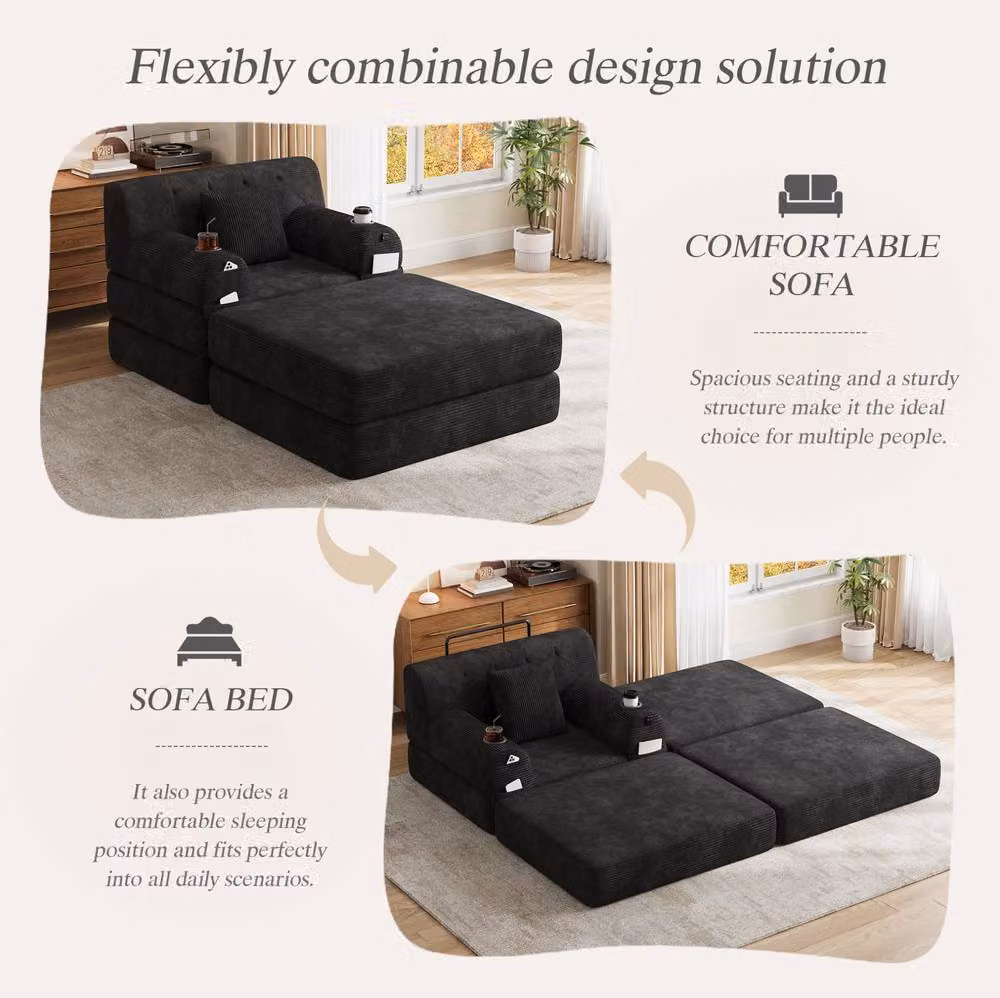 STILVORA Black Sleeper Chair Sofa with Cup Holders and Pockets – 5