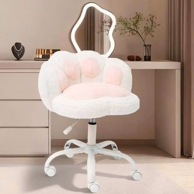 VOGREX White Teddy Furry Cat Paw Back Vanity Chair with 360 Degree Swivel and Castors – 1