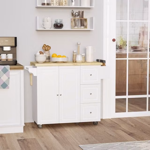 HOMCOM Modern Drop-Leaf Kitchen Island Utility Storage Cart on Wheels in White