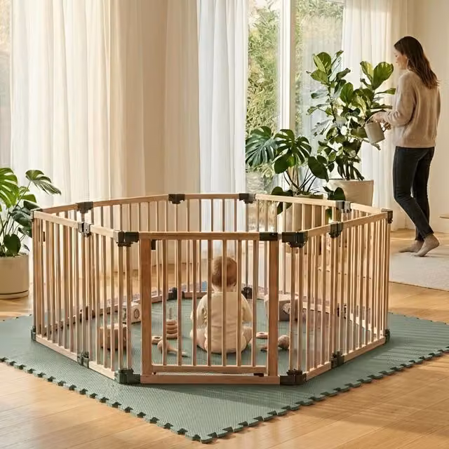 Safetots Hexagonal Wooden Play Den with Soft Foam Play Mat, Dusty Blue and Natural, W/D/H: 180 x 150 x 80 cm