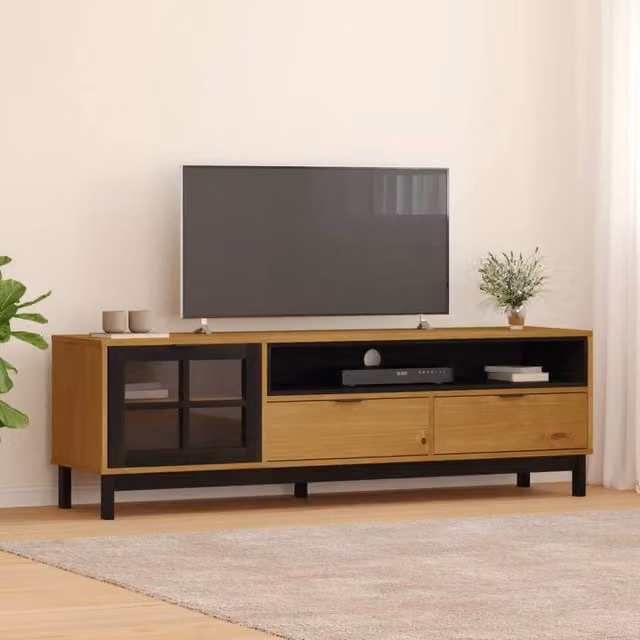 Berkfield Home FLAM TV Cabinet with Glass Door in Brown Solid Pine Wood, W/D/H: 158 x 40 x 50 cm – 1