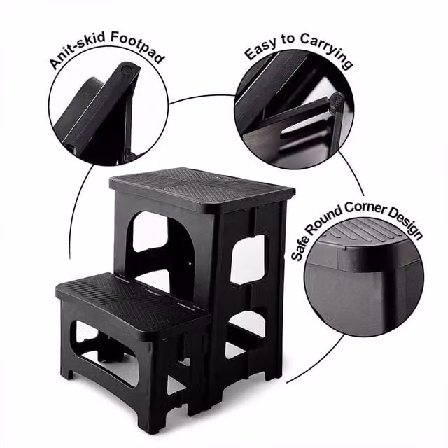 VOGREX Foldable 2-Step Ladder Stool in Black