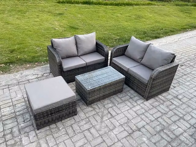 Fimous Rattan Outdoor Lounge Set with 2-Seater Sofa, Coffee Table and Ottoman in Dark Grey Mixed