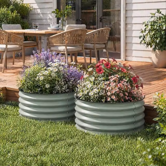 STILVORA Set of 2 Green Galvanised Steel Raised Garden Beds for Ornamental or Herb Gardens, W/D/H: 60 x 60 x 30 cm