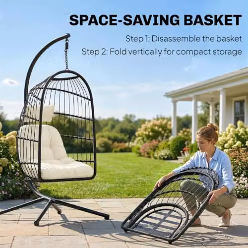 Outsunny Hanging Egg Chair with Stand and Cushions, Black and White – 4