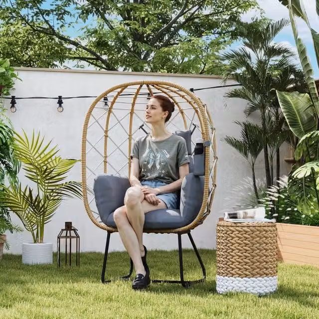 Outsunny Brown Rattan Garden Egg Lounge Chair with Cushions and Powder Coated Steel Frame – 1